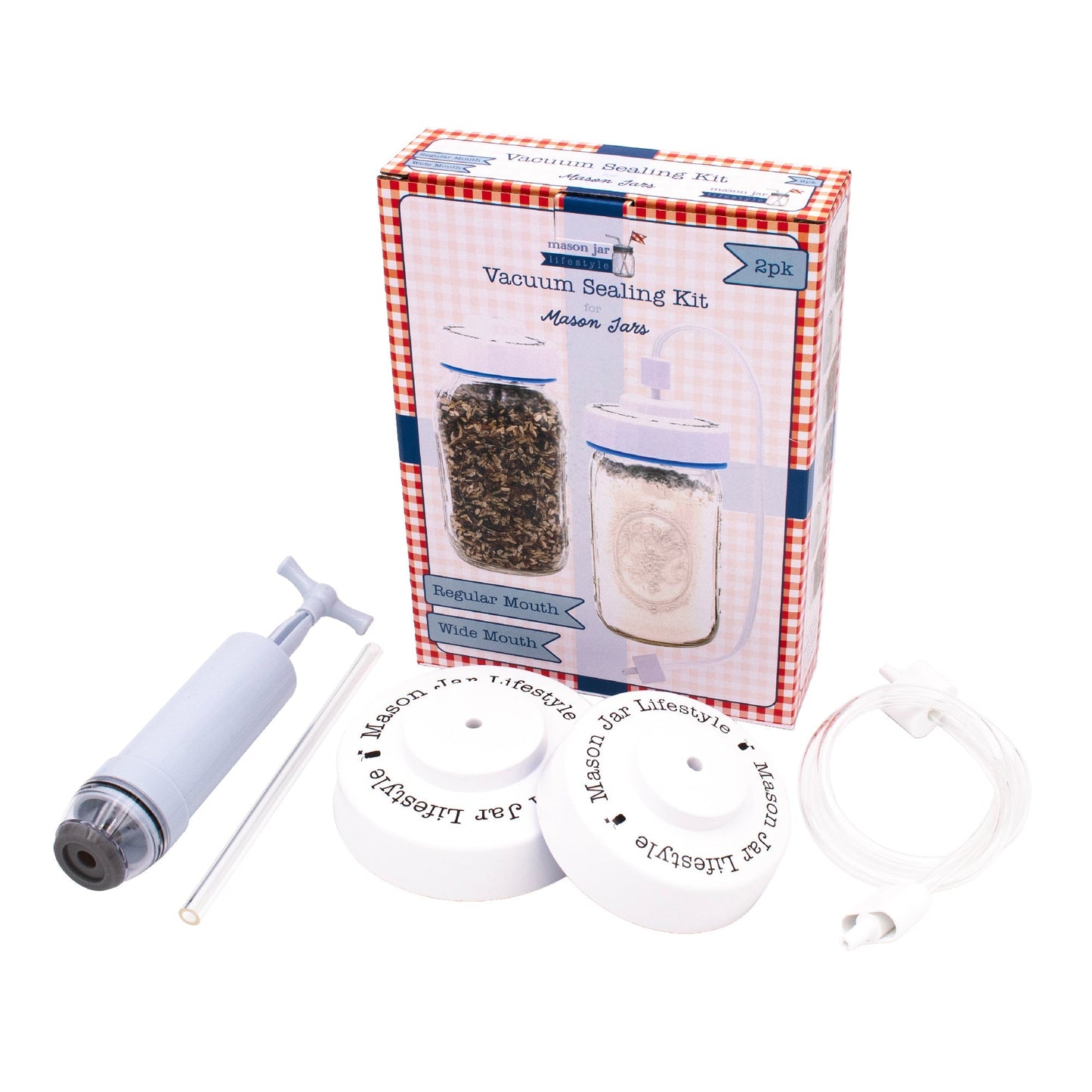 Mason Jar Lifestyle vacuum sealing kit with hand pump for regular and wide mouth mason jars, includes sealing accessories.