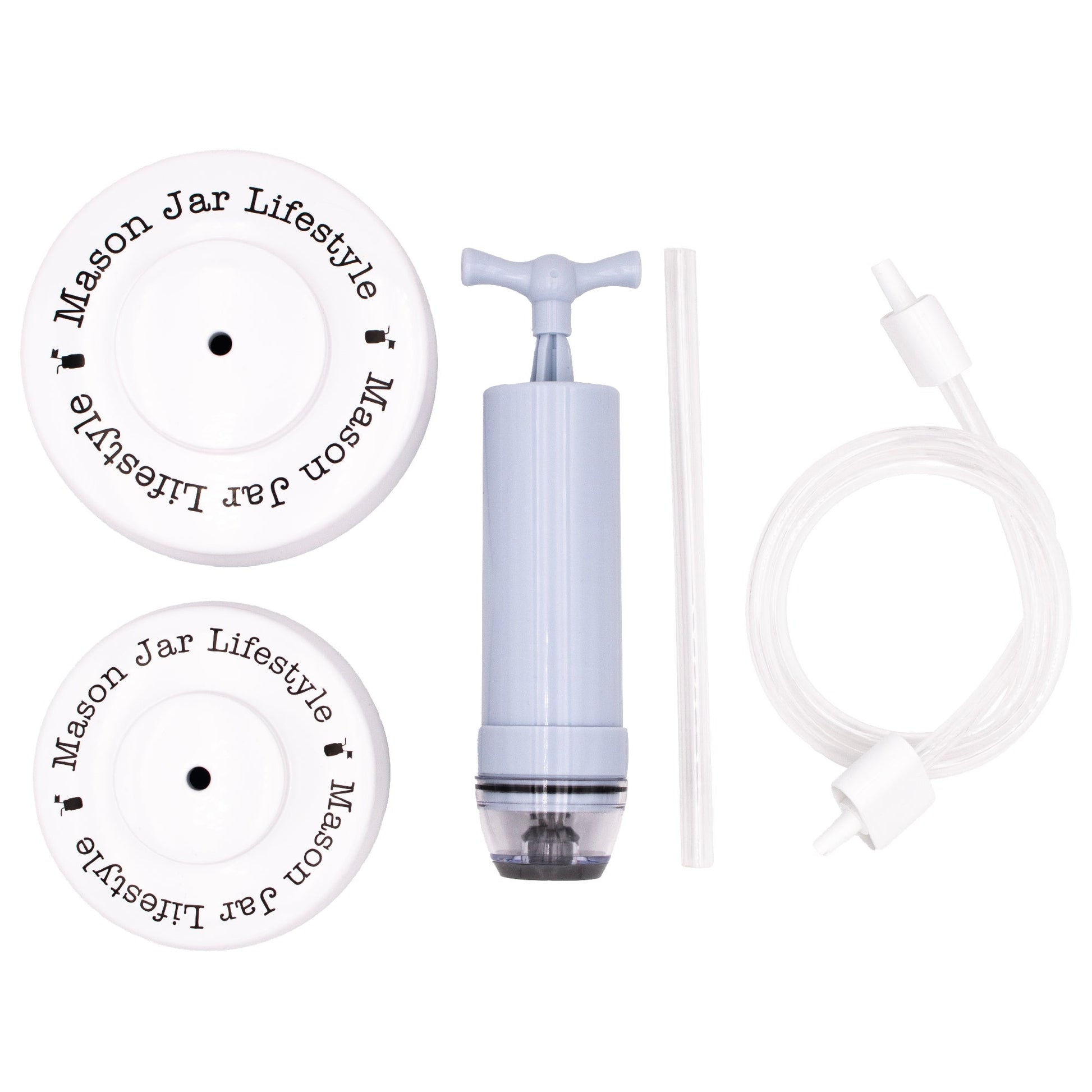 Mason Jar Lifestyle vacuum sealing kit with hand pump for regular and wide mouth Mason jars, used for preserving food.