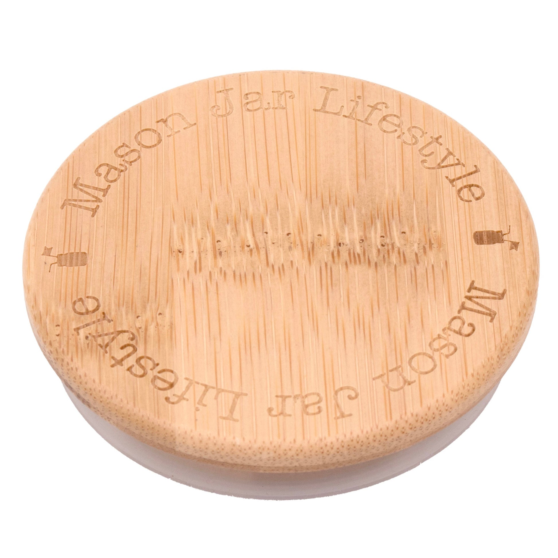 Wide-mouth Mason Jar Lifestyle bamboo storage stopper lid with rounded edge, designed for mason jars on white background.