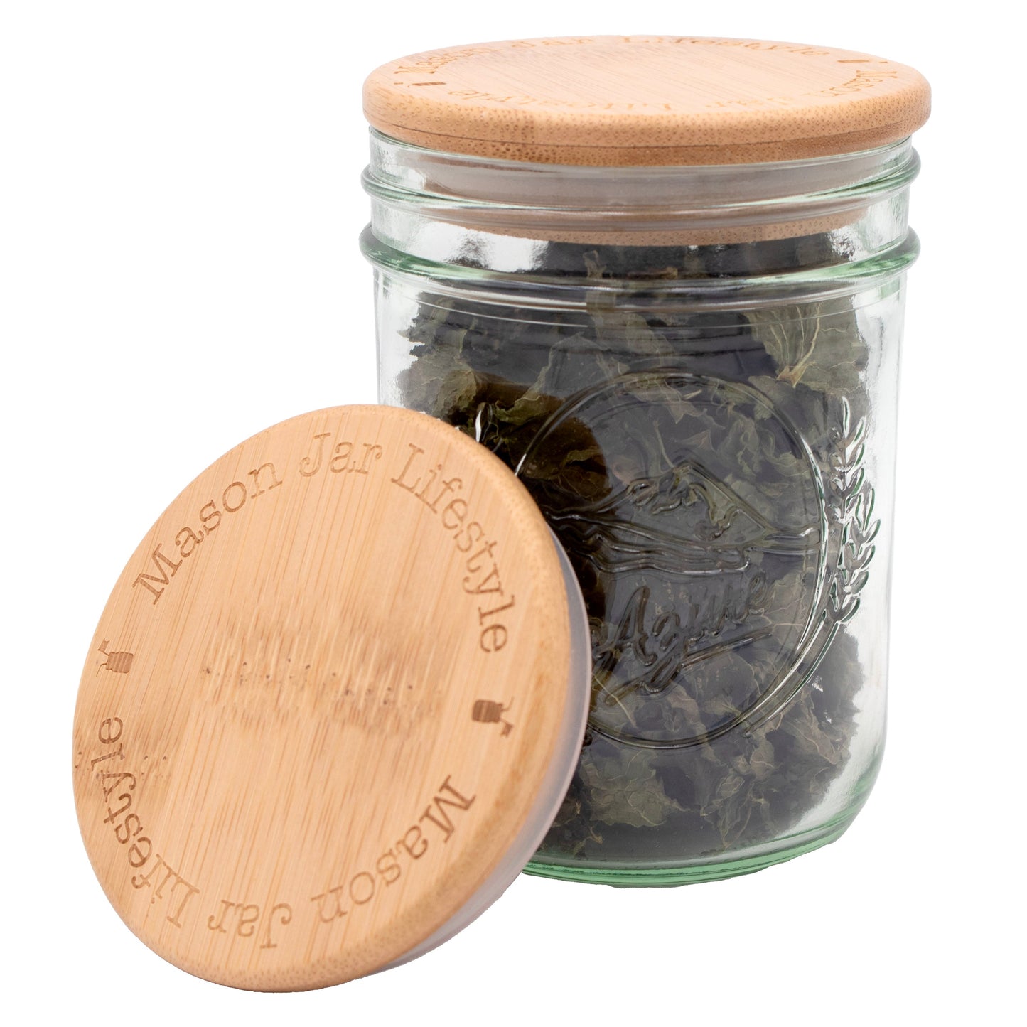 Wide-mouth Mason Jar Lifestyle bamboo storage stopper lids with rounded edges, ideal for herbs and dry storage.
