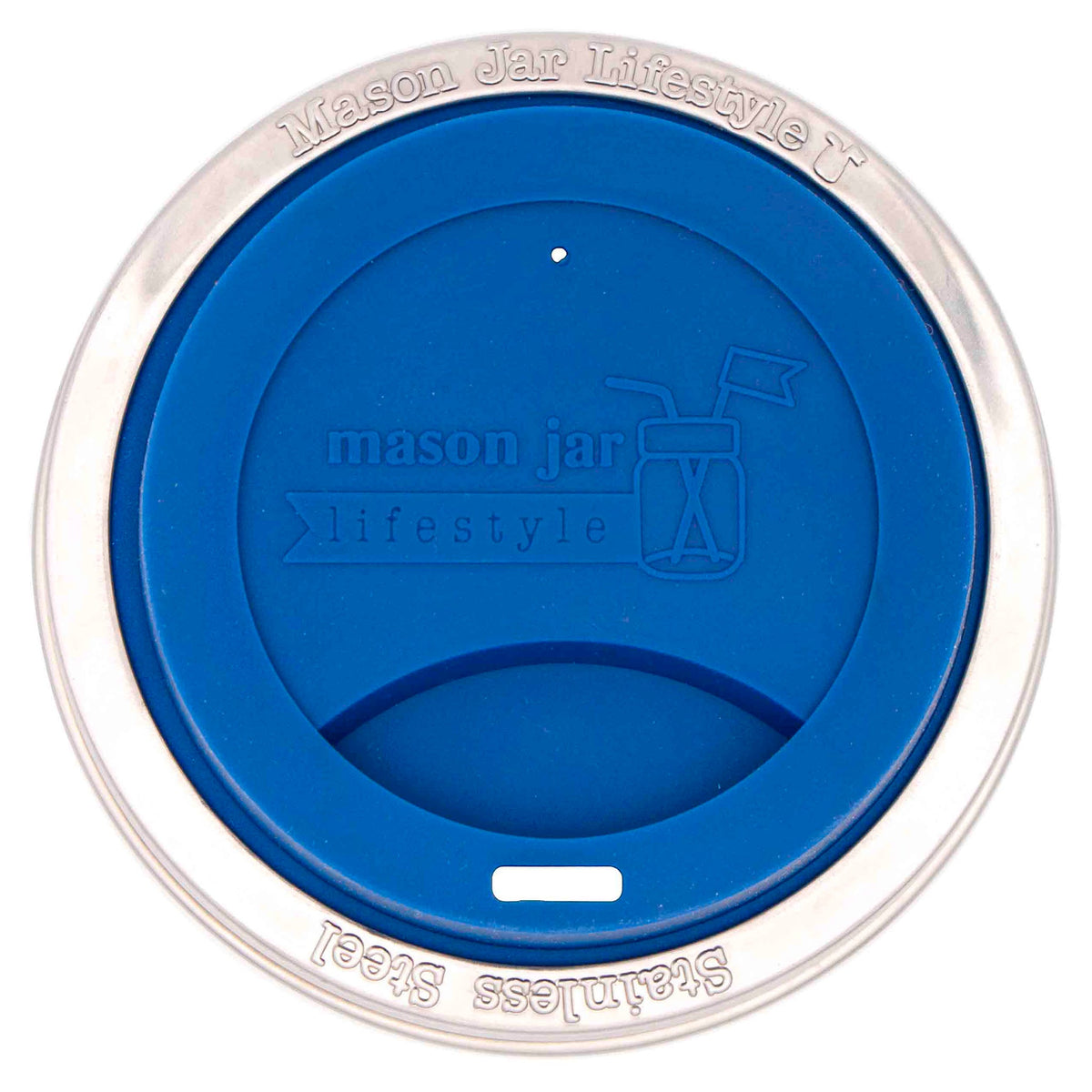 Deep blue silicone drinking lid with stainless steel band for wide-mouth Mason Jars from Mason Jar Lifestyle, eco-friendly zero waste starter kit