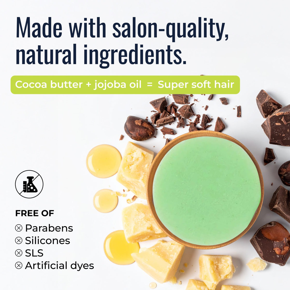 Maui Melon conditioner bar by ZeroWasteStore.com with natural ingredients like cocoa butter and jojoba oil, shown in a close-up image.