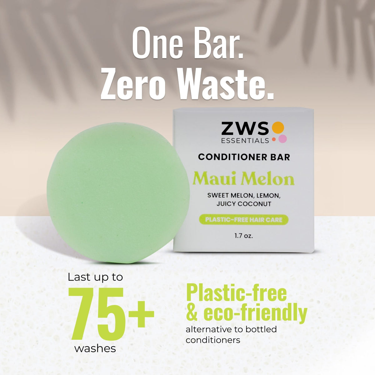 Maui Melon plastic-free conditioner bar from ZeroWasteStore.com, natural solid conditioner for sustainable hair care, 75 washes.