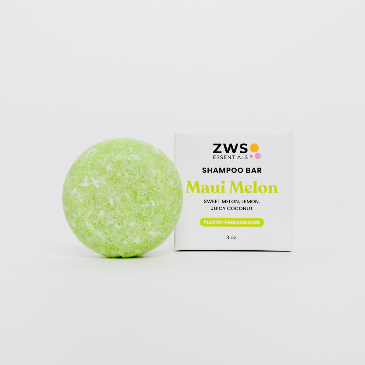 Maui Melon shampoo bar from ZeroWasteStore.com with a green and pink packaging, showcasing a natural shampoo bar for hair cleansing.