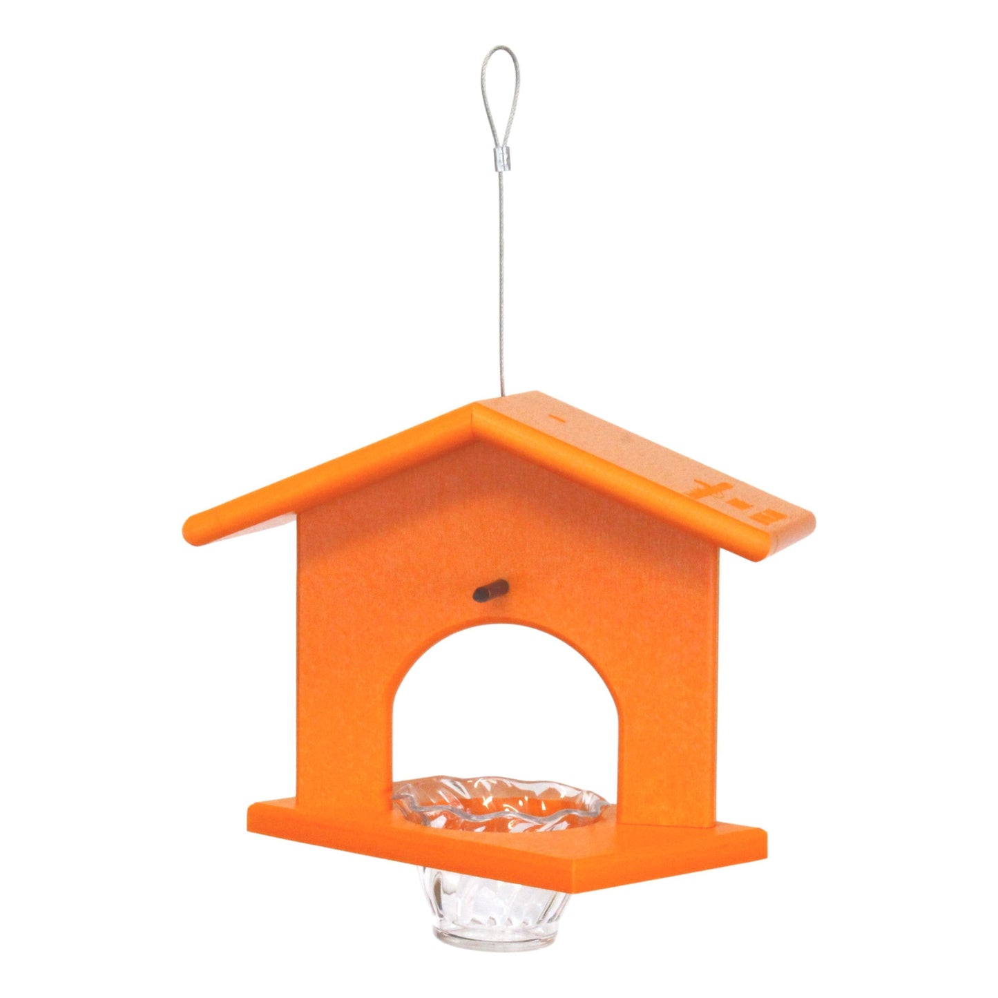 Eco-friendly AmishToyBox.com hanging oriole bird feeder made of poly lumber, with jelly and orange bird design.