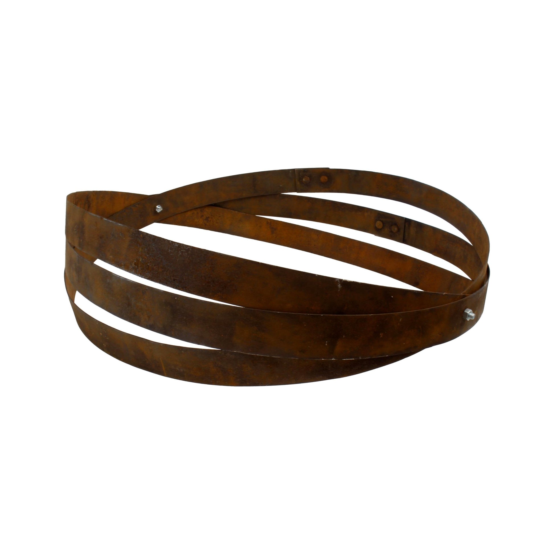 Rustic outdoor hanging plant holder made from reclaimed whiskey barrel rings, crafted by AmishToyBox.com for outdoor decor.