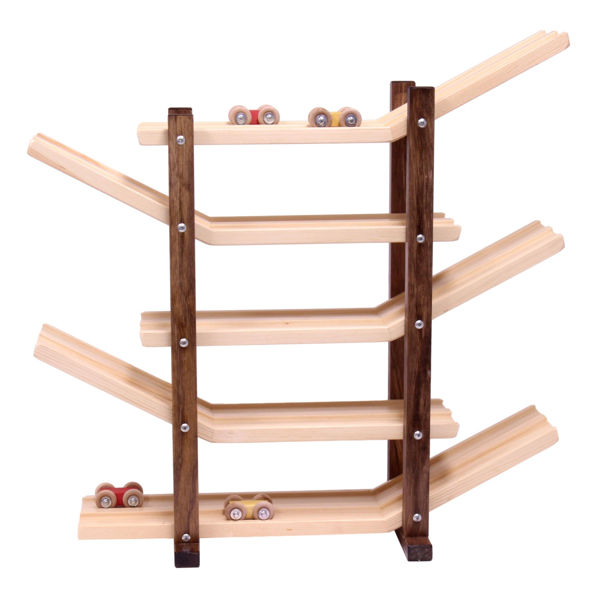Amish-made handcrafted wooden marble and ball roller racetrack action toy with colorful ramps and marbles on a wooden surface.
