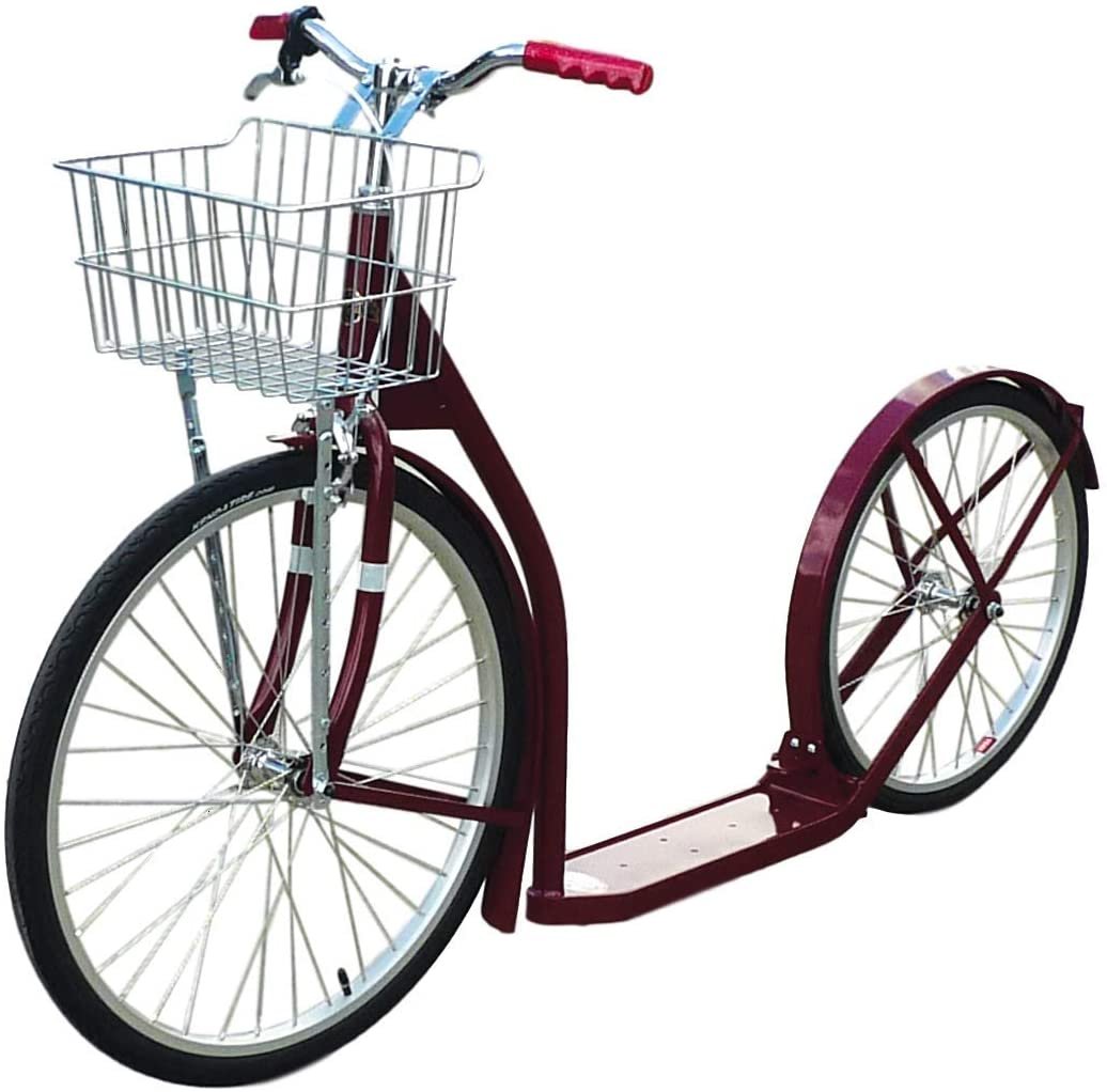 Amish-made deluxe adult kick scooter with 24-inch front wheel and 20-inch rear wheel, featuring sturdy frame and handlebars.