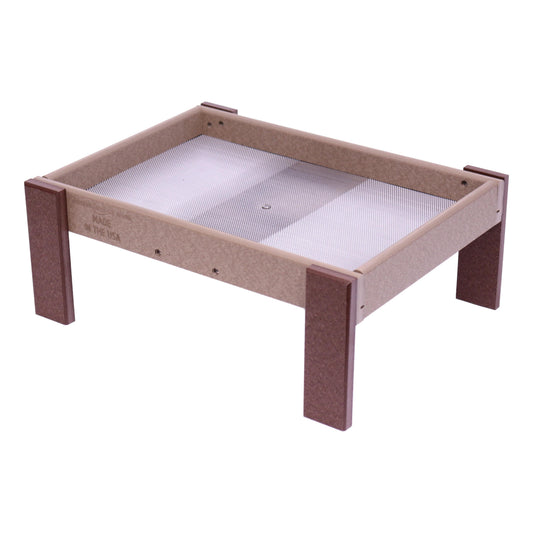 Ground bird feeder with screen mesh tray, designed for wildlife, featuring a sturdy AmishToyBox.com bird feeding station.