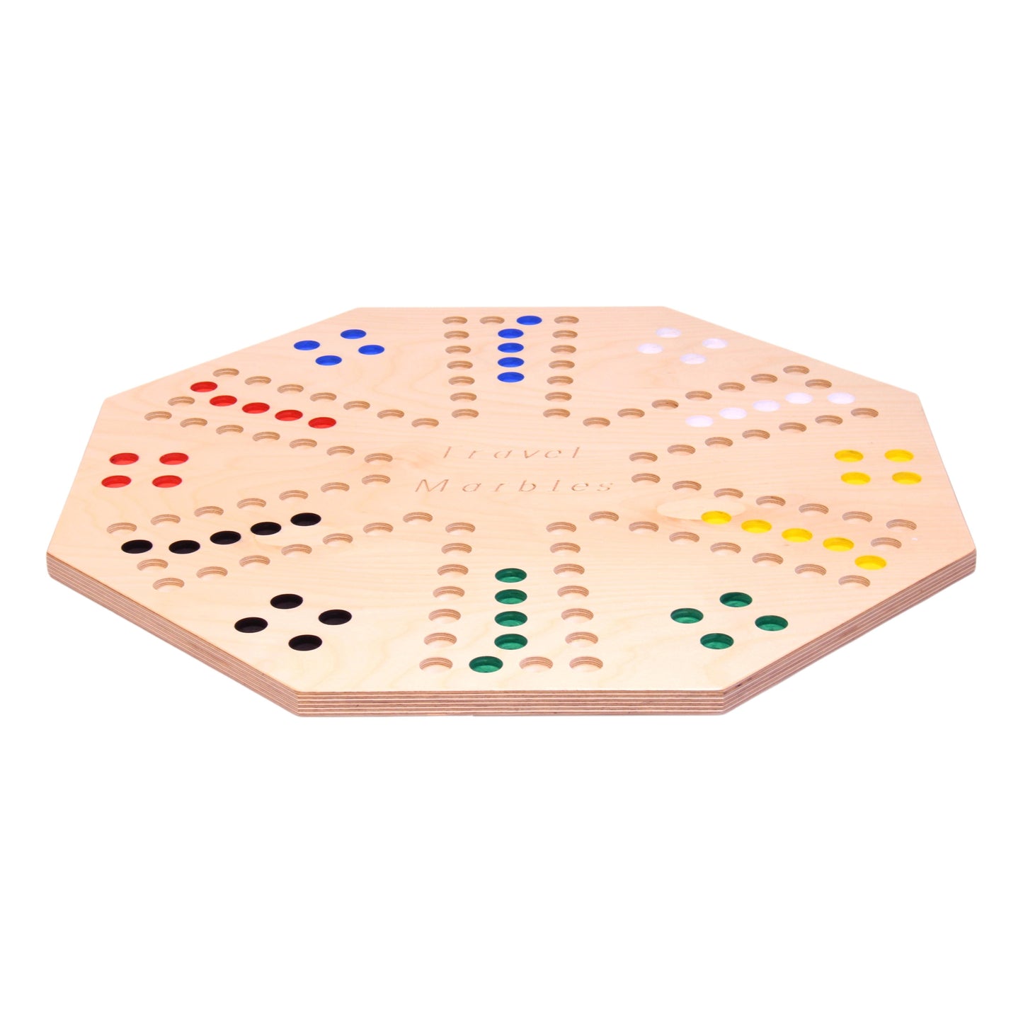 Travel marble chase board game set with a double-sided 23-inch wide marble maze game on a wooden board.