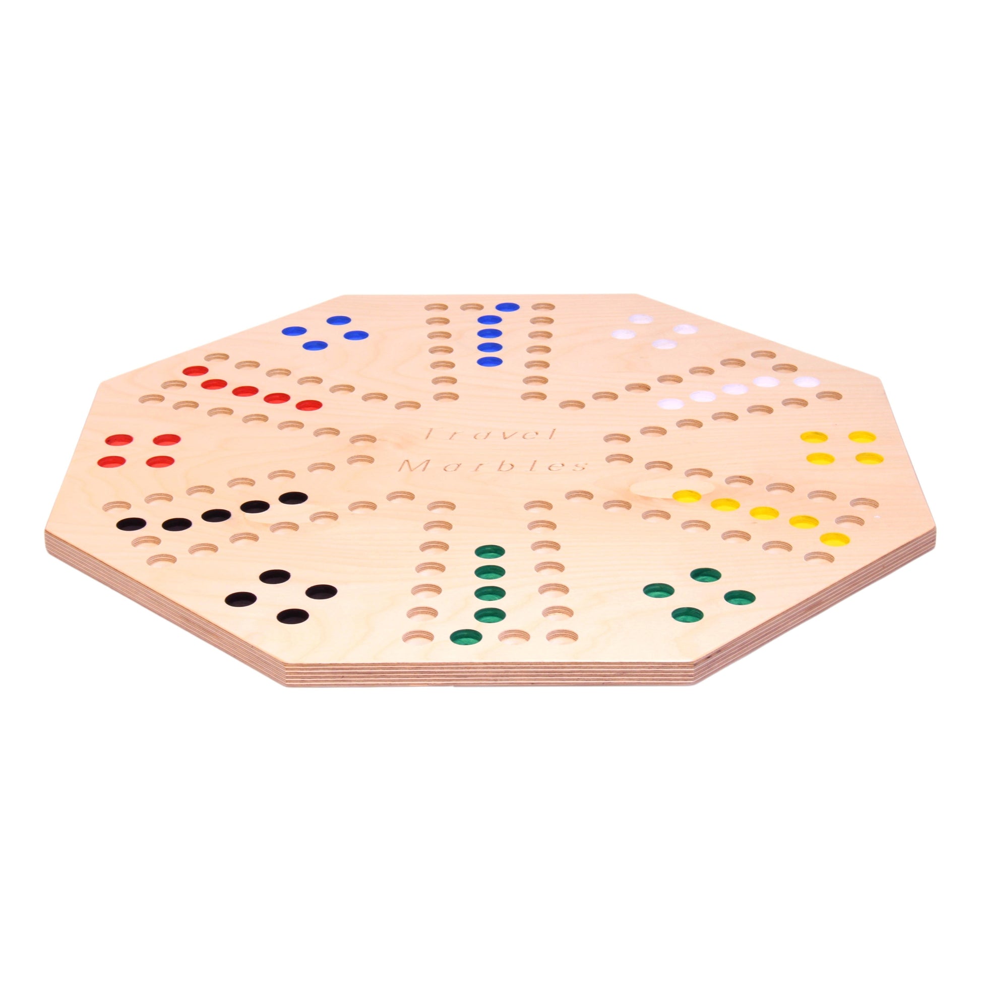 Travel marble chase board game set with a double-sided 23-inch wide marble maze game on a wooden board.