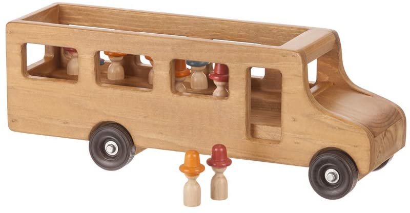Amish-made wooden school bus toy with child-safe finish, part of AmishToyBox.com's wooden trains and trucks collection.