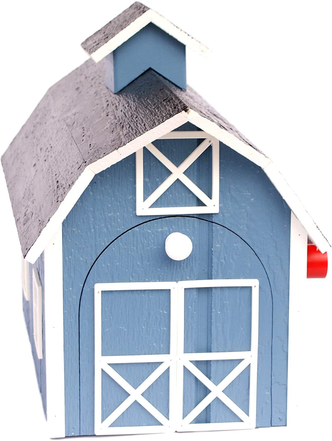 Amish-made wooden Dutch barn style mailbox mounted on post, handcrafted home improvement decor in natural wood finish.