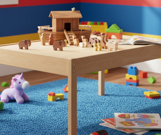 AmishToyBox.com wooden Noah's Ark playset with 13 animals, removable roof, and ramp, featuring colorful wooden toy design.