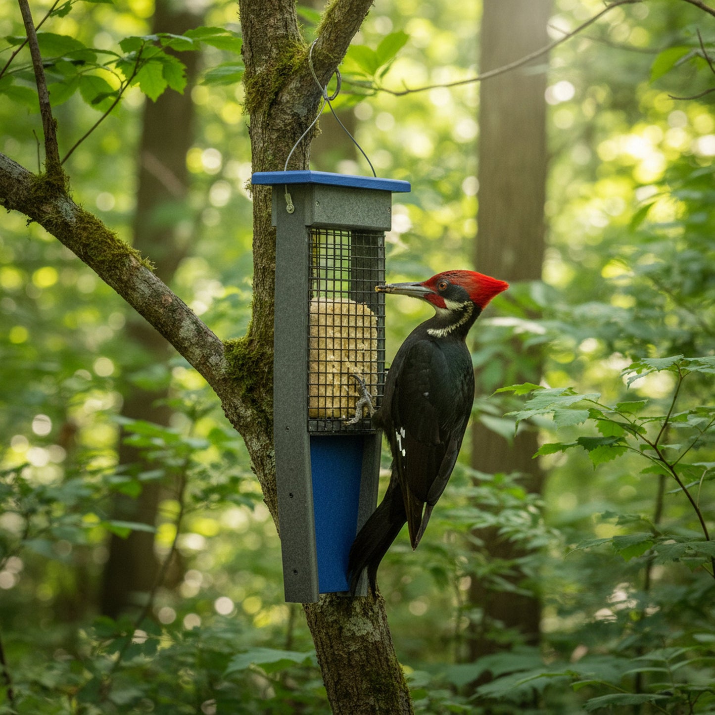 Pileated Woodpecker suet bird feeder from AmishToyBox.com holding two suet cakes, designed for attracting woodpeckers to your garden.
