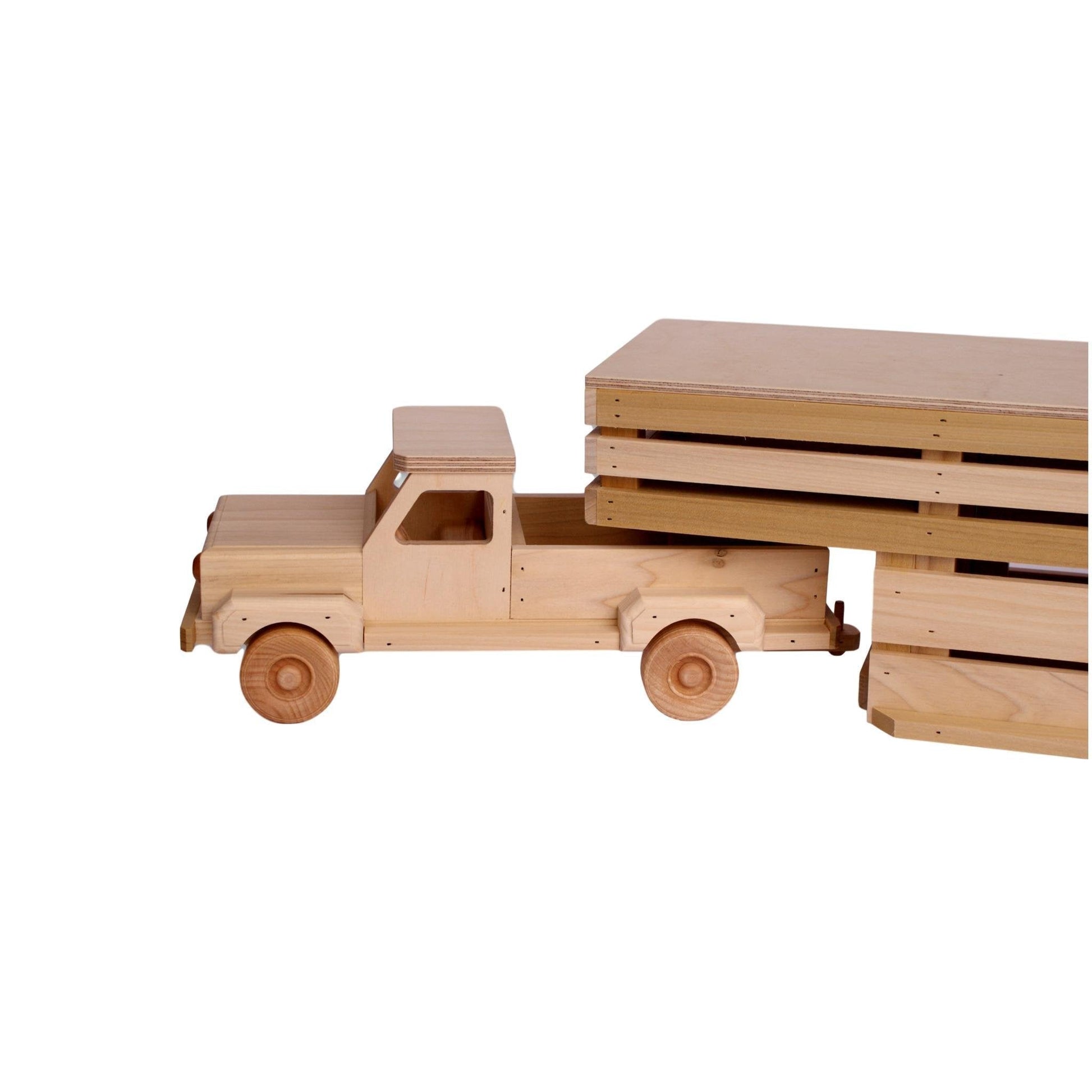 Amish-made wooden toy pickup truck with gooseneck trailer set, featuring detailed craftsmanship and farm-themed design.
