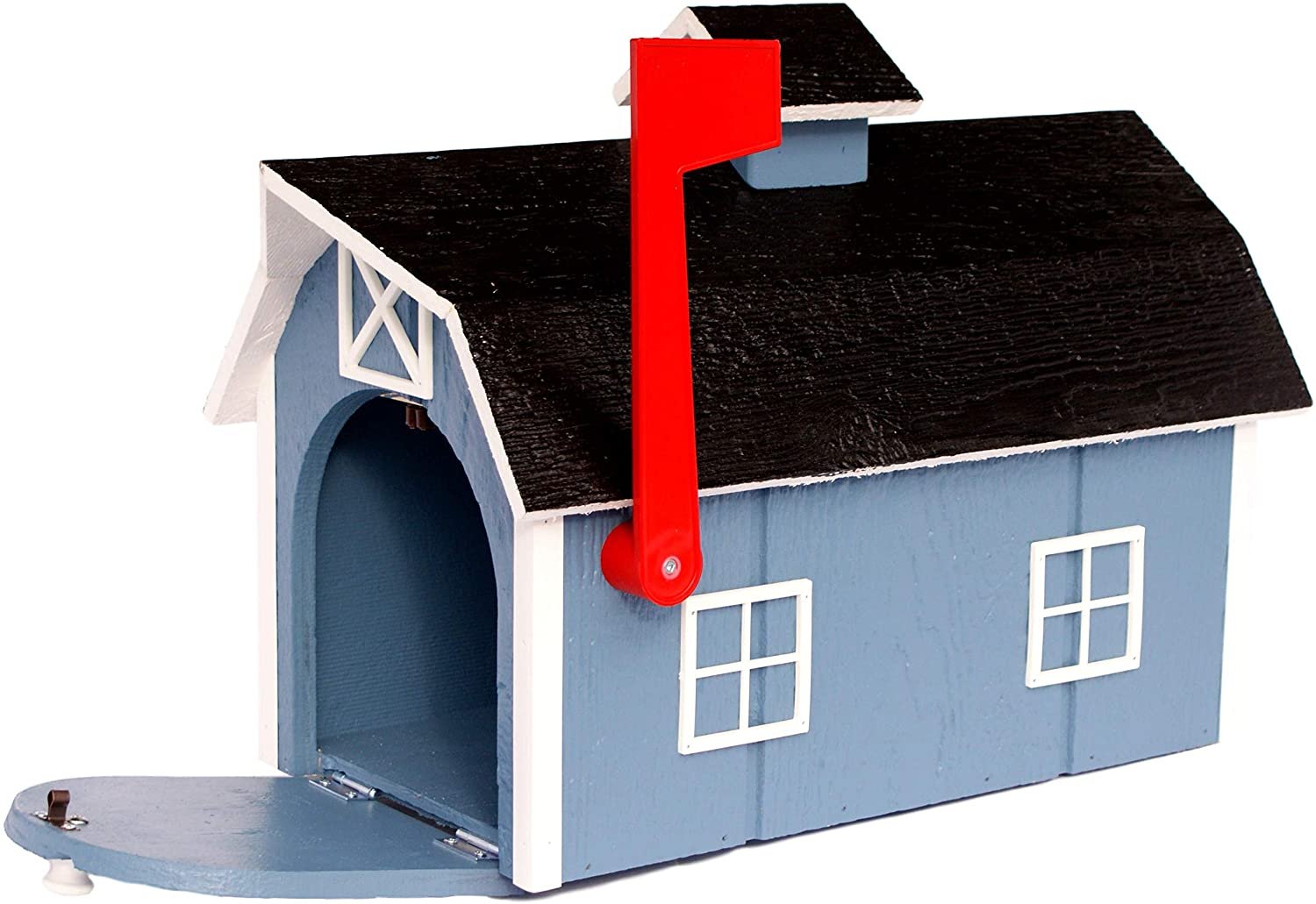 Amish-made wooden Dutch barn style mailbox mounted on a post, handcrafted in natural wood for outdoor home improvement.