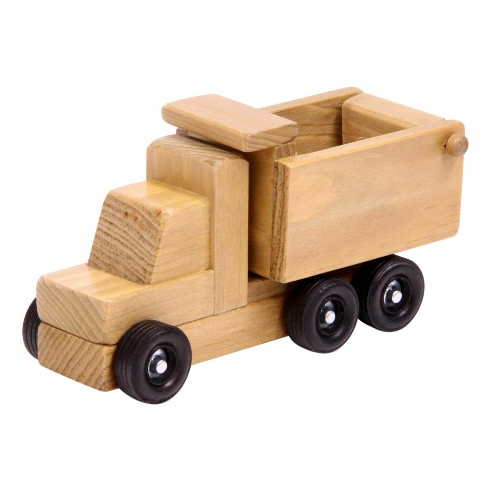 Amish-made wooden toy dump truck with kid-safe finish, part of AmishToyBox.com's wooden train and truck collection, detailed and durable.
