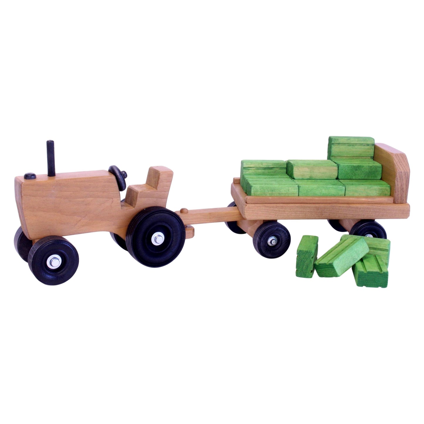 Amish-made wooden toy tractor and wagon set with hay bales, perfect for children's imaginative play and sturdy farm-themed fun.