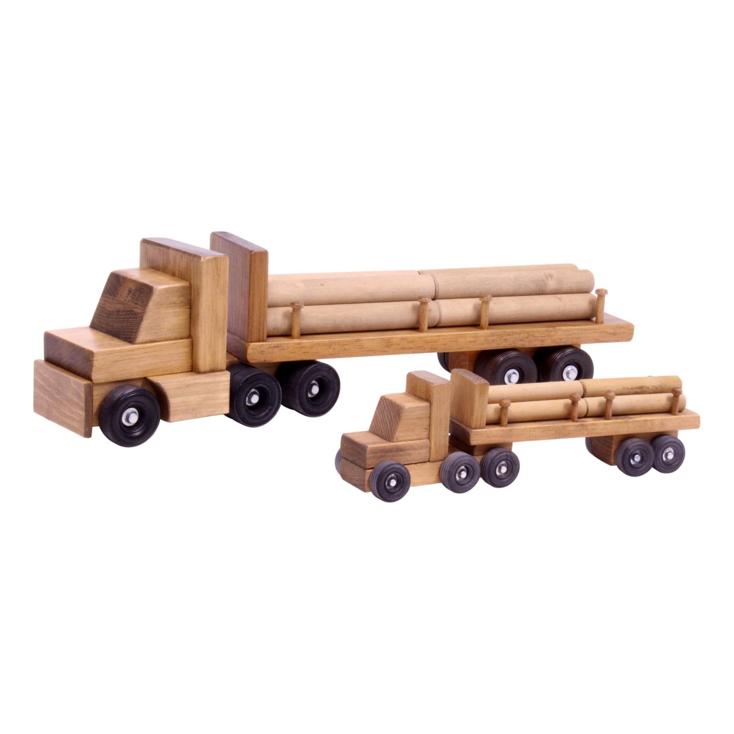 Amish-made wooden log semi-truck toy with removable logs, detailed wooden train and truck toy from AmishToyBox.com.