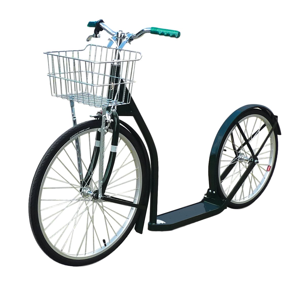 Amish-made deluxe adult kick scooter with 24-inch front wheel and 20-inch rear wheel, featuring a sturdy frame and handles.