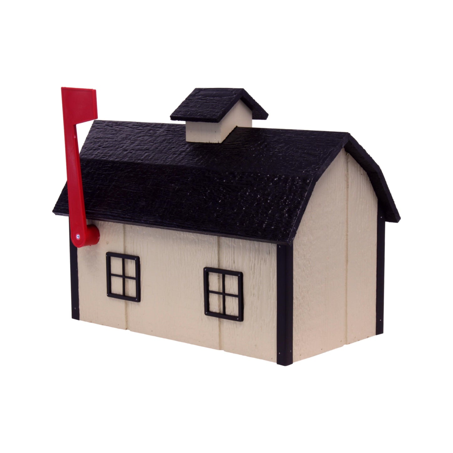 Amish-made wooden Dutch barn style mailbox mounted on a post, classic tools and home improvement decor.