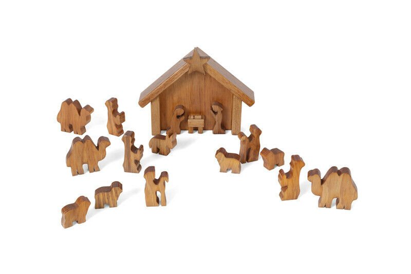Wooden Nativity Manger Scene Set with 14 pieces from AmishToyBox.com, featuring handmade wooden figures of Mary, Joseph, baby Jesus, and animals.