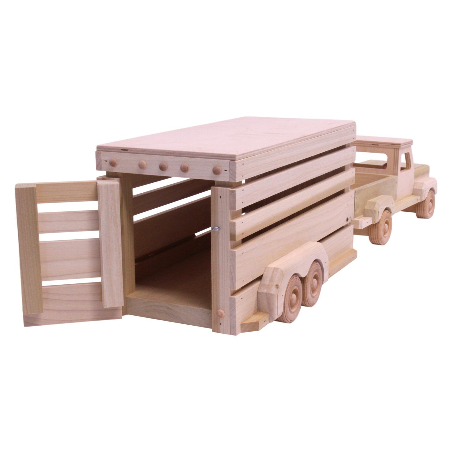 Amish-made unfinished wooden pickup truck and horse trailer toy set from AmishToyBox.com, featuring detailed farm vehicle toys for children.