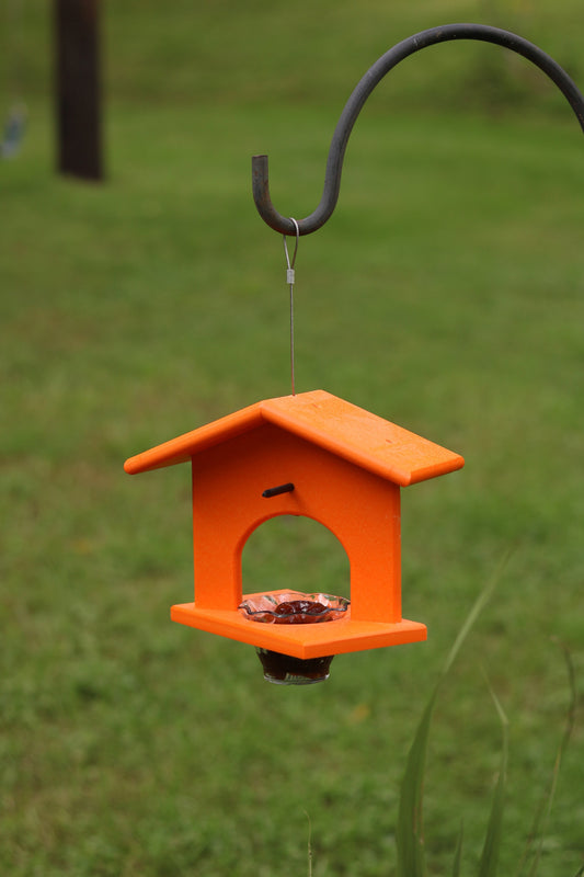 Eco-friendly hanging oriole bird feeder made of poly lumber, featuring orange jelly and bird perch for attracting orioles.