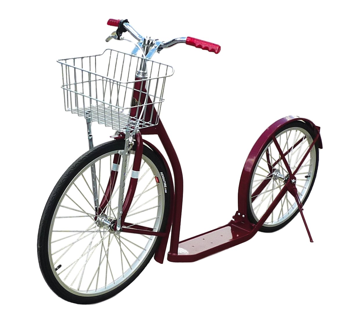 Amish-made adult kick scooter with 24-inch front wheel and 20-inch rear wheel, featuring a sturdy frame and comfortable handlebars.