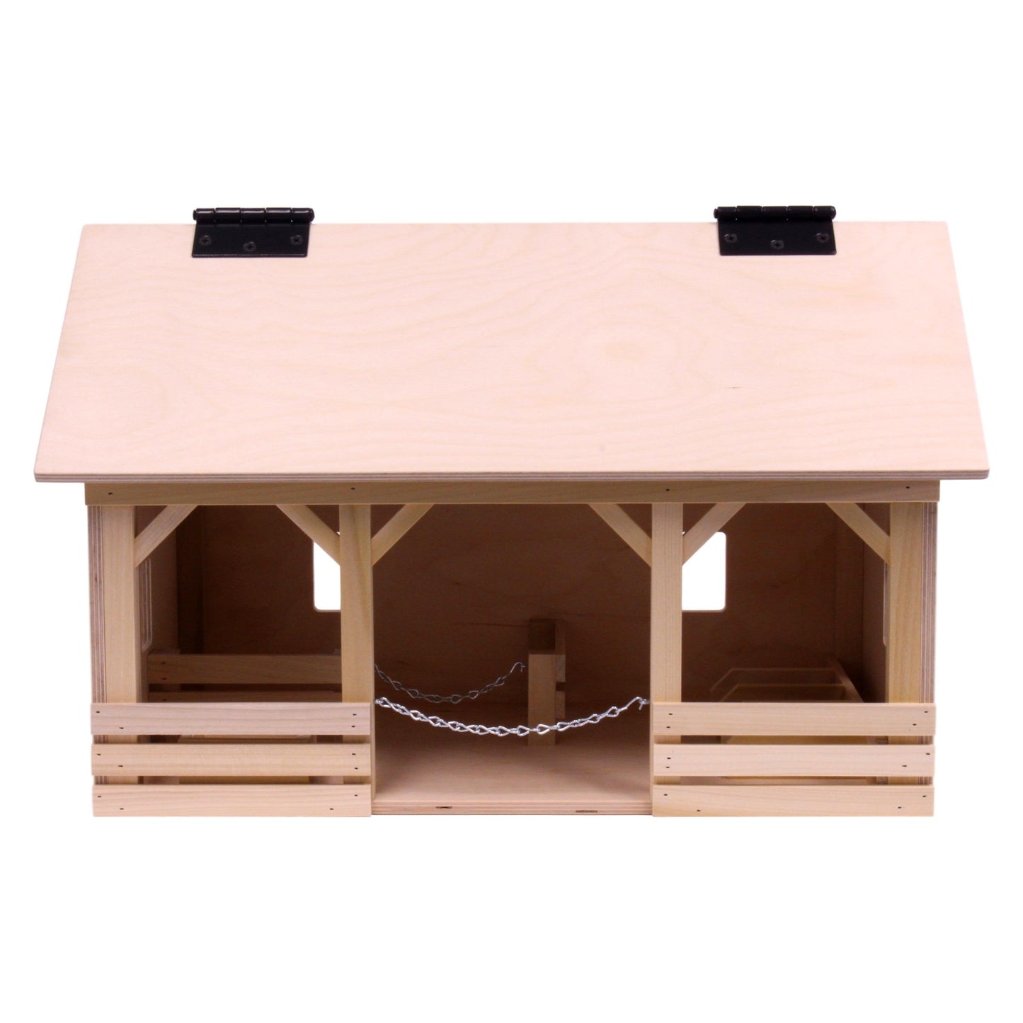 Large wooden A-frame barn toy with hay loft, realistic farm design by AmishToyBox.com, ideal for farming-themed wooden toy play.
