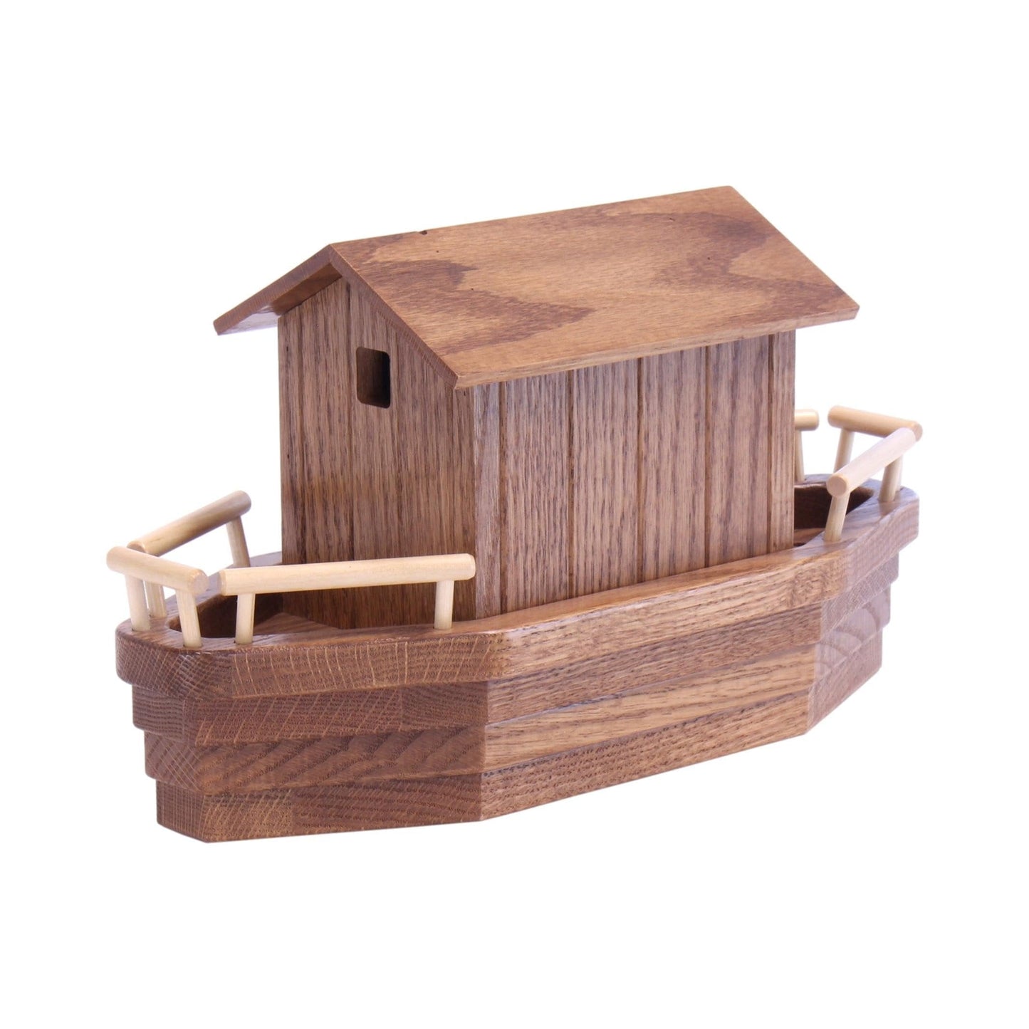 Wooden Noah's Ark playset with 13 animals, removable roof, and ramp, featuring colorful wooden toy design by AmishToyBox.com