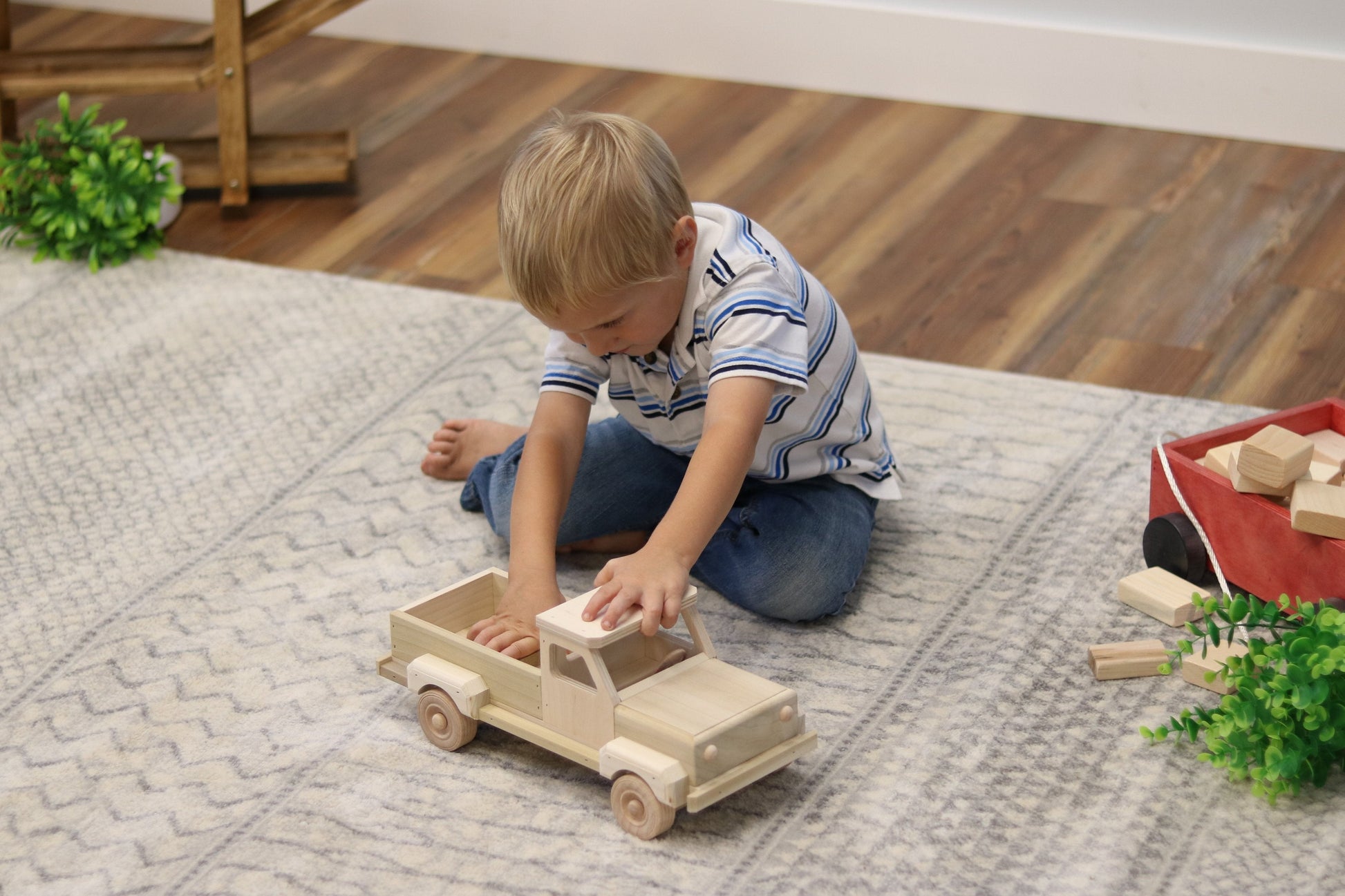 Unfinished Amish-made wooden pickup truck toy with hitch, crafted for children, part of AmishToyBox.com farming wooden toys collection.