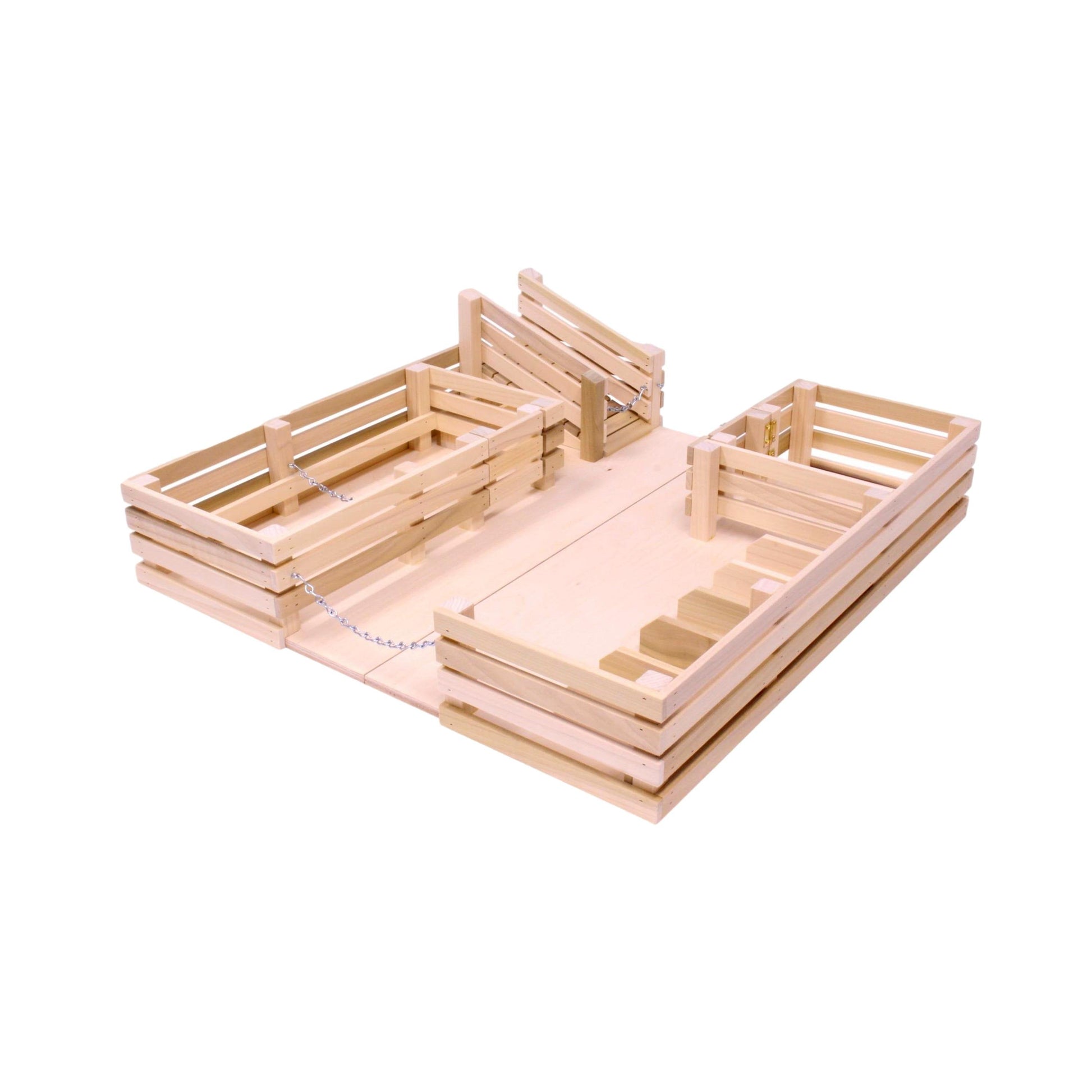 Amish-made unfinished wooden folding stock yard farm toy with detailed farm animal and barn features, ideal for children's imaginative play.