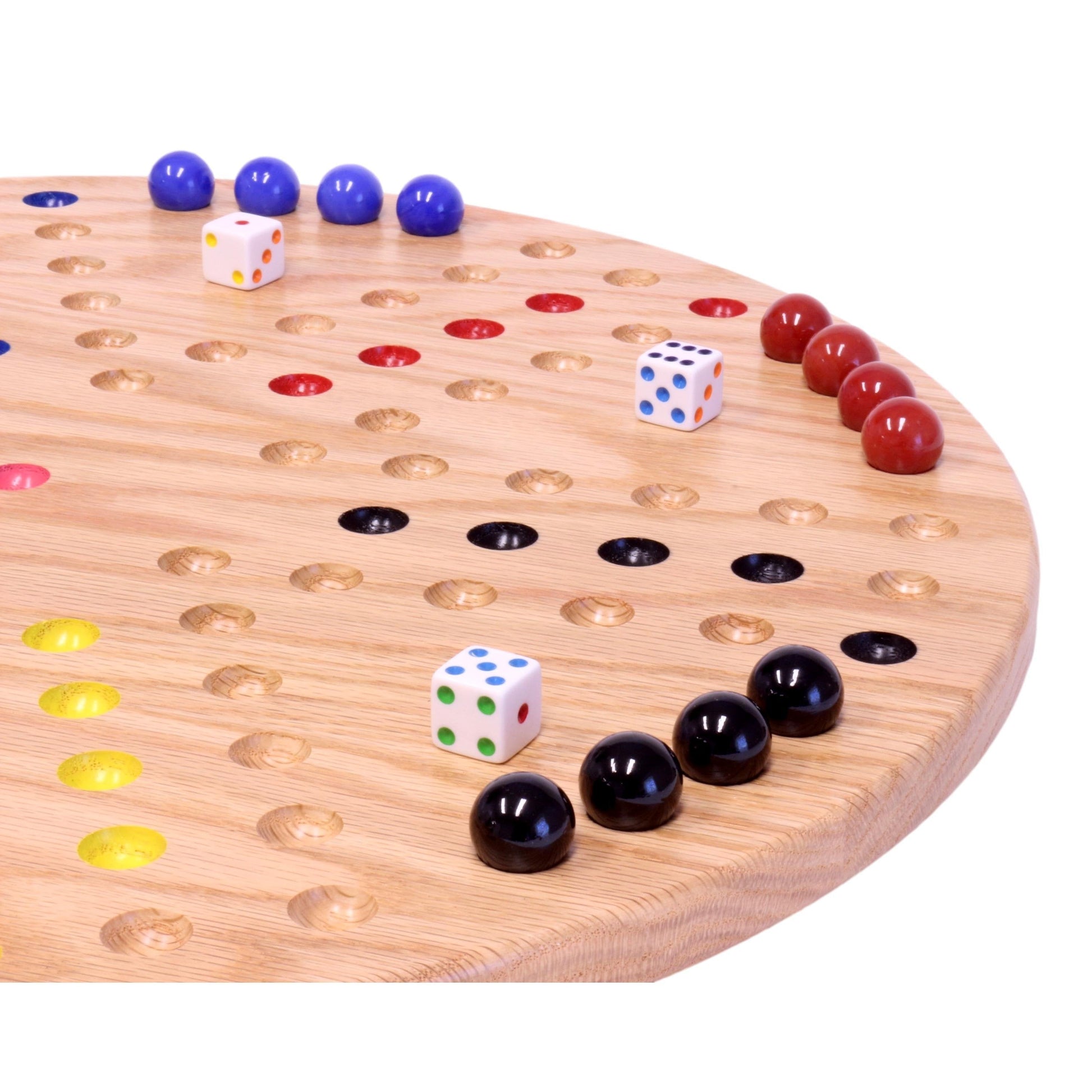 Round Aggravation game board set made of solid oak wood, double-sided, with colorful game pieces for classic tabletop play.