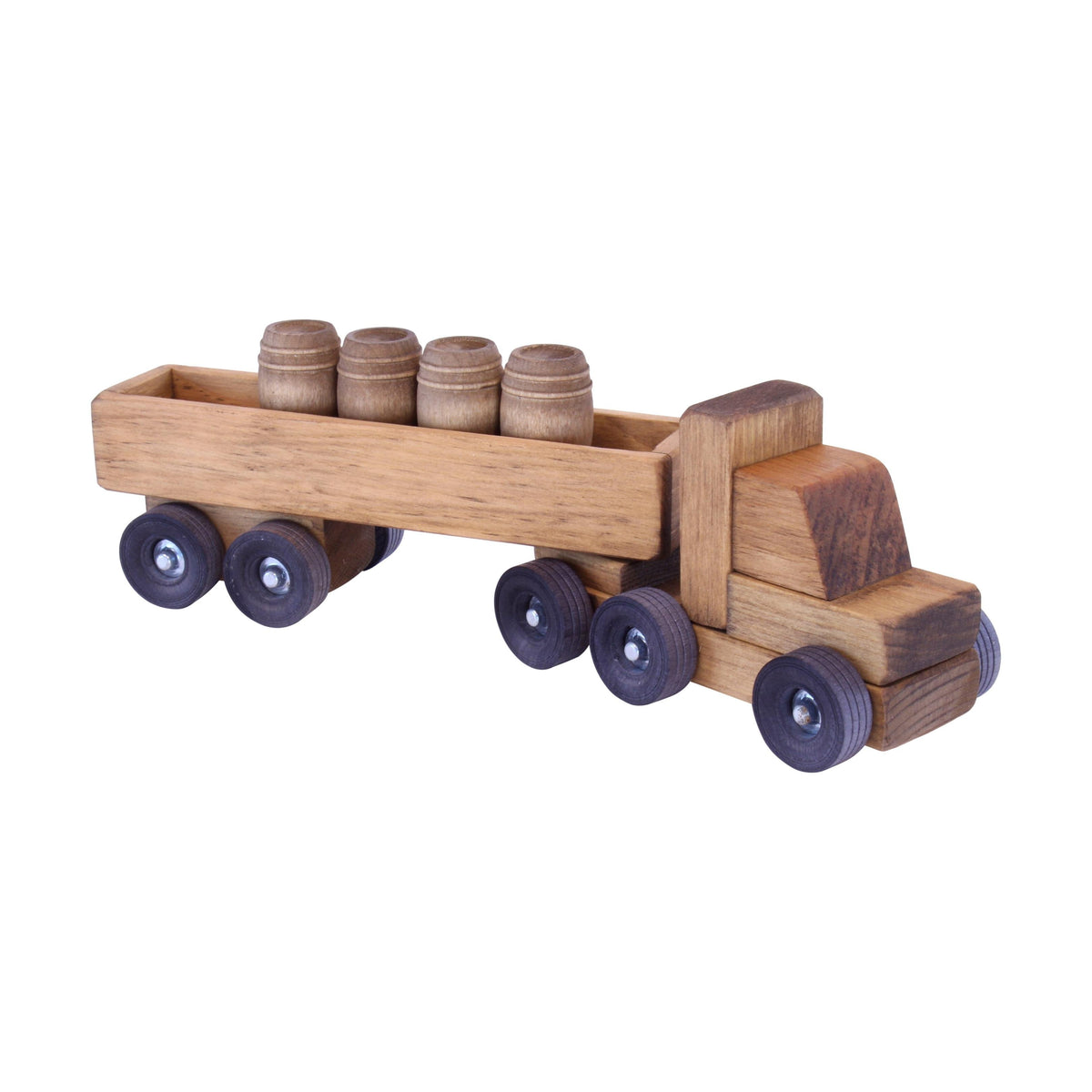 AmishToyBox wooden truck toy with removable wood barrels, child-safe harvest stain finish, designed for children’s wooden train and truck play.