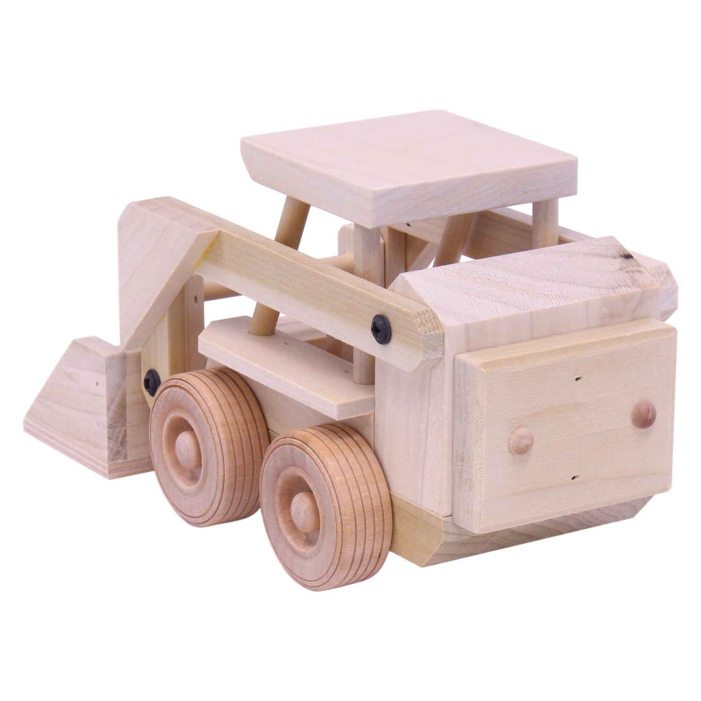 Wooden skid steer loader toy with movable bucket, crafted by AmishToyBox.com, designed for children’s imaginative play.