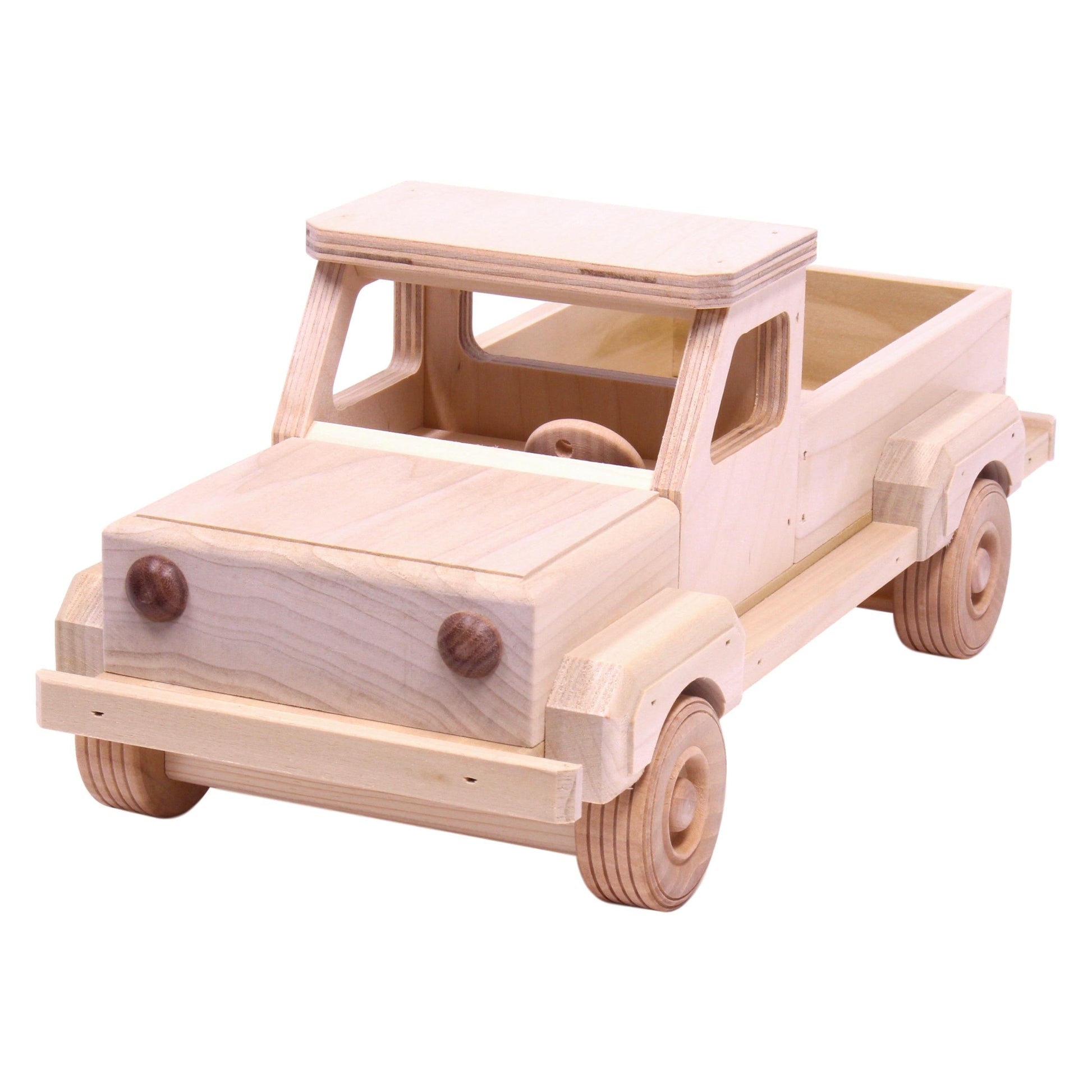 Amish-made unfinished wooden pickup truck toy with hitch, suitable for farming-themed wooden toys by AmishToyBox.com