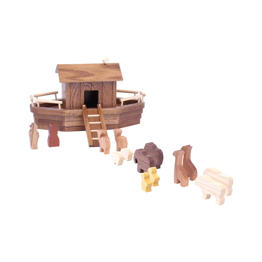 Wooden Noah's Ark playset with 13 animals, removable roof, and ramp, made by AmishToyBox.com for imaginative wooden toy play.
