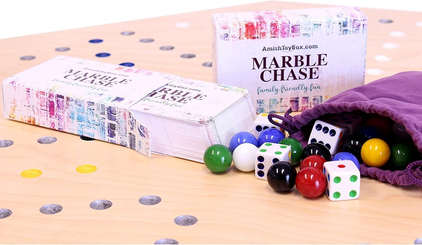 Wooden marble chase game set with a double-sided 23-inch wide board featuring colorful marbles and wooden game pieces.