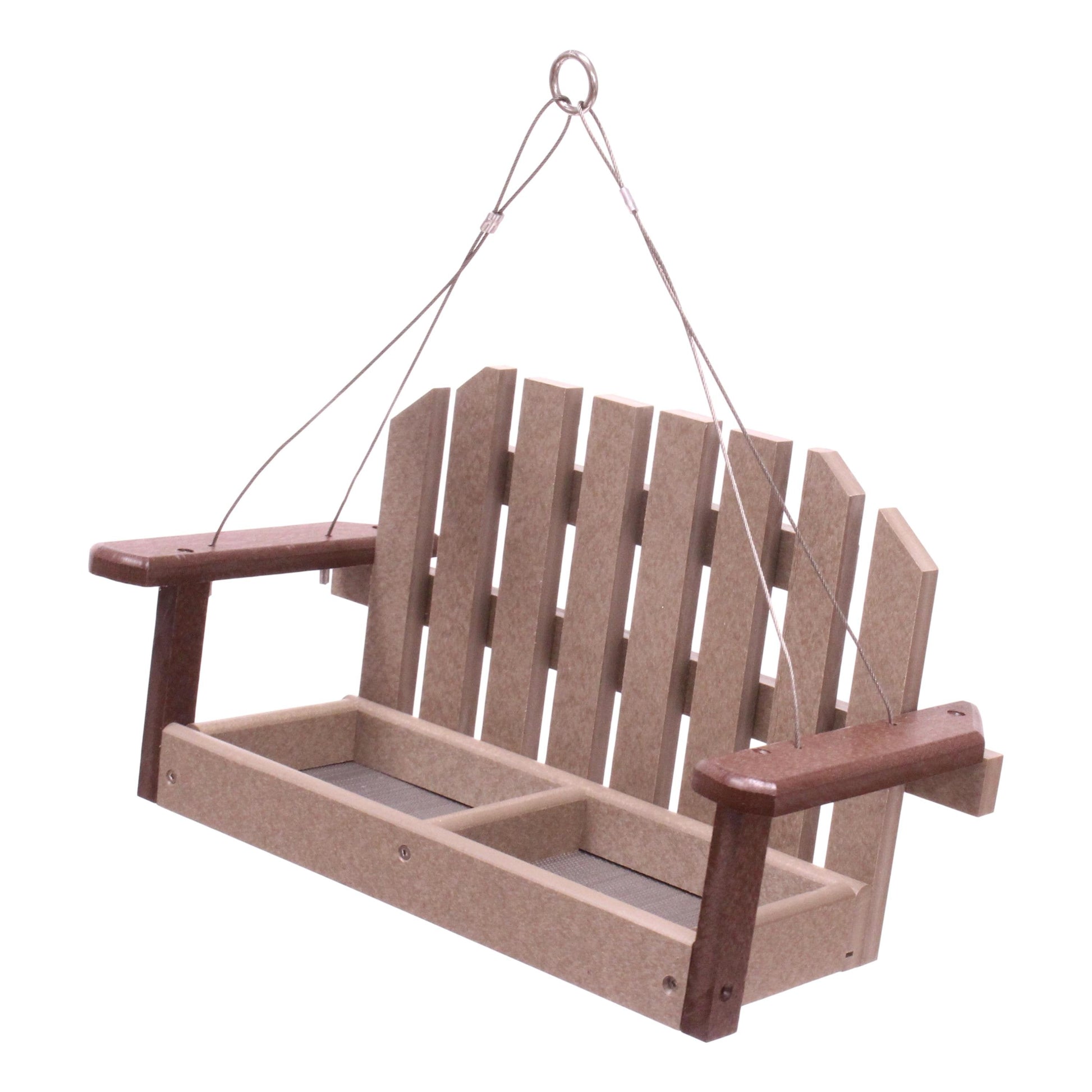 Amish-made porch swing bird feeder hanging from a tree, eco-friendly poly lumber, decorative outdoor bird feeder for garden or porch.