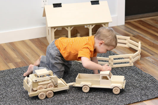 Wooden toy pickup truck and flatbed trailer with skidloader set, handcrafted wooden train and truck toy from AmishToyBox.com