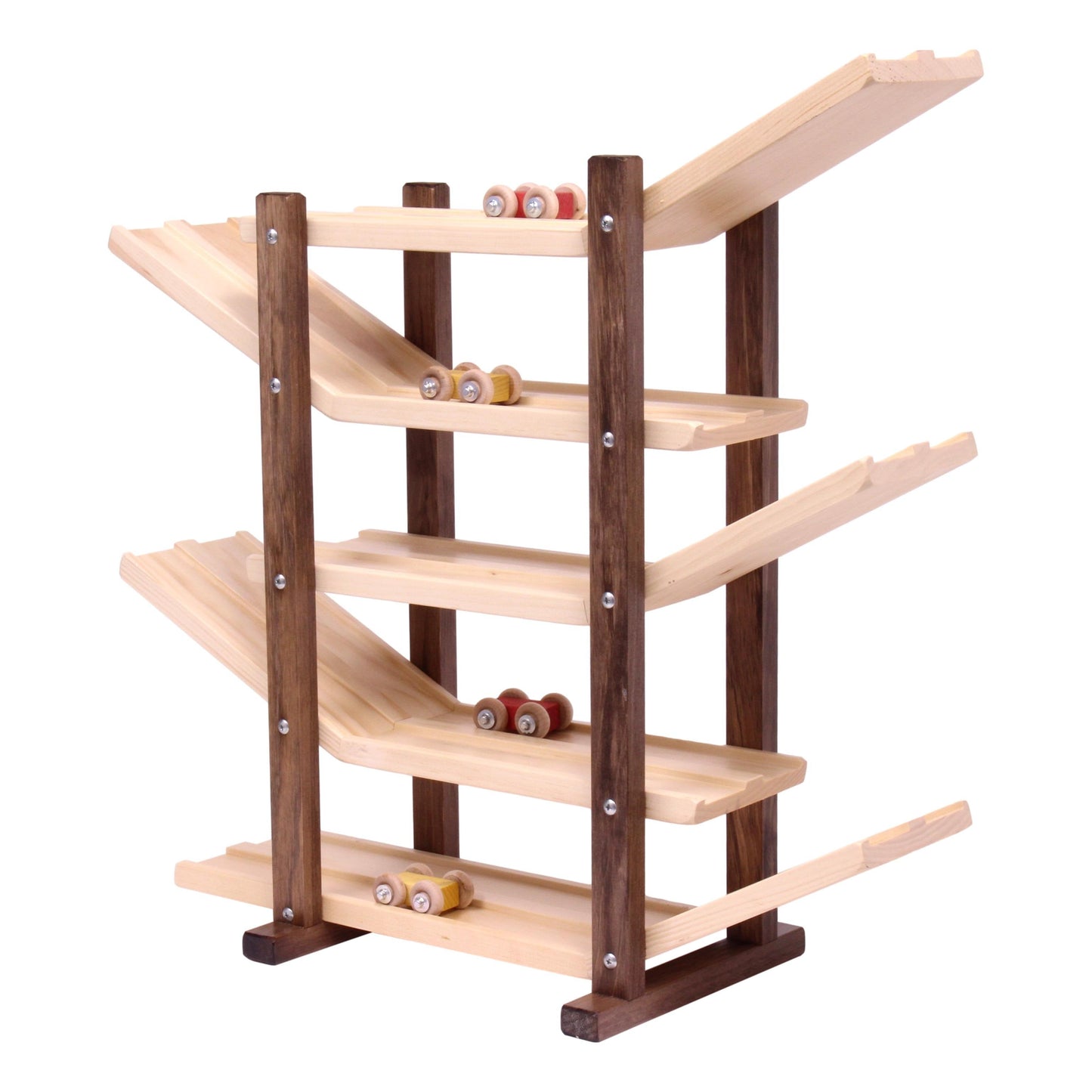 Amish-made handcrafted wooden marble and ball roller racetrack toy with colorful wooden car rollers on a smooth wooden track.
