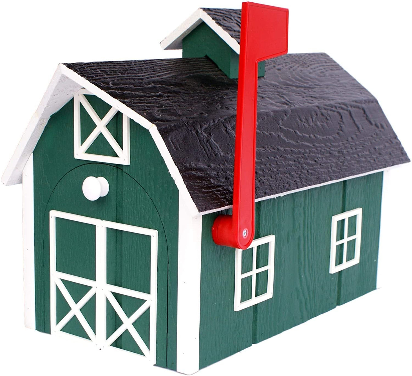 Amish-made wooden mailbox in Dutch barn style, post-mount design, with natural wood finish and classic craftsmanship.