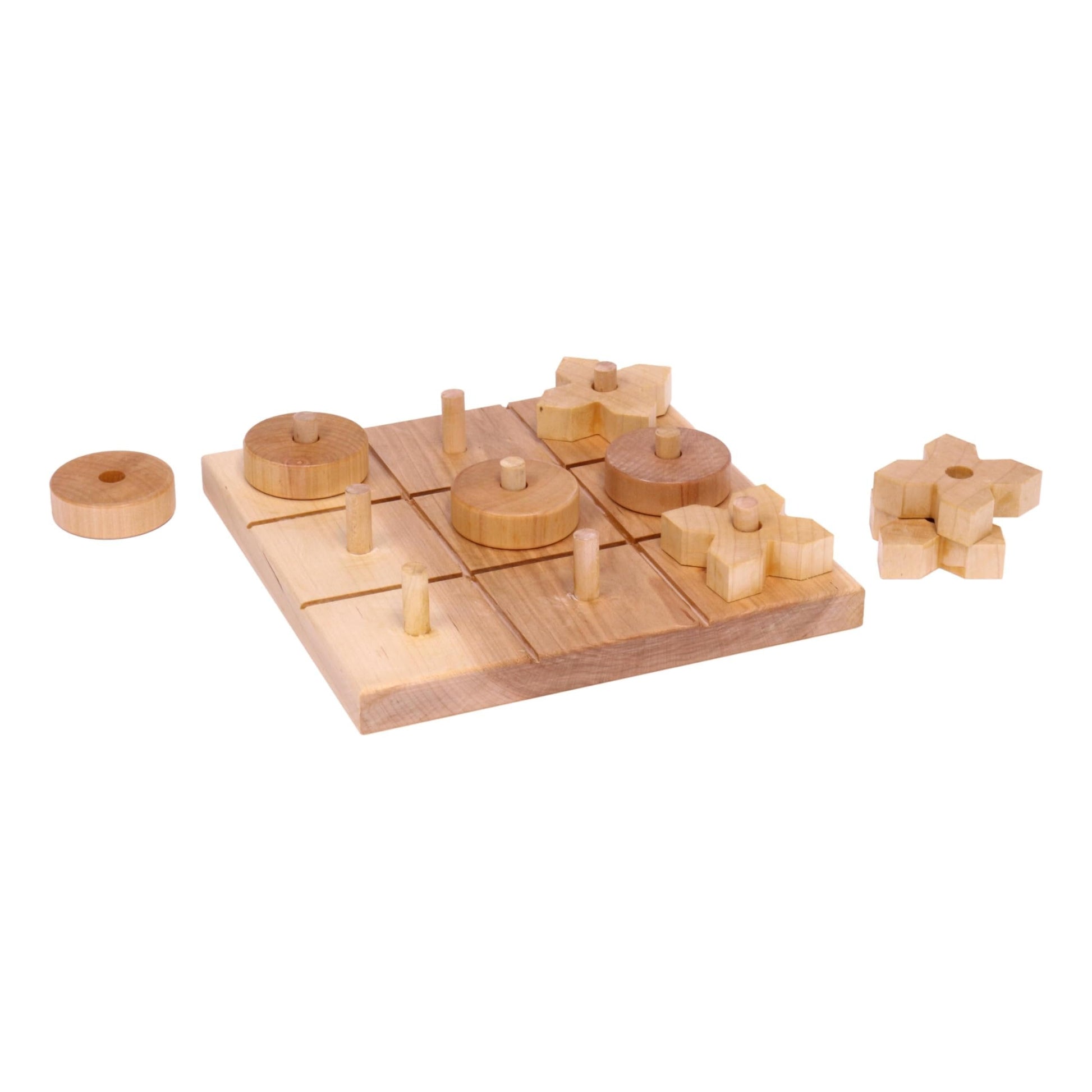 Amish-made wooden tic tac toe game with 8 X and O pieces on a wooden board, perfect for family fun and classic play.
