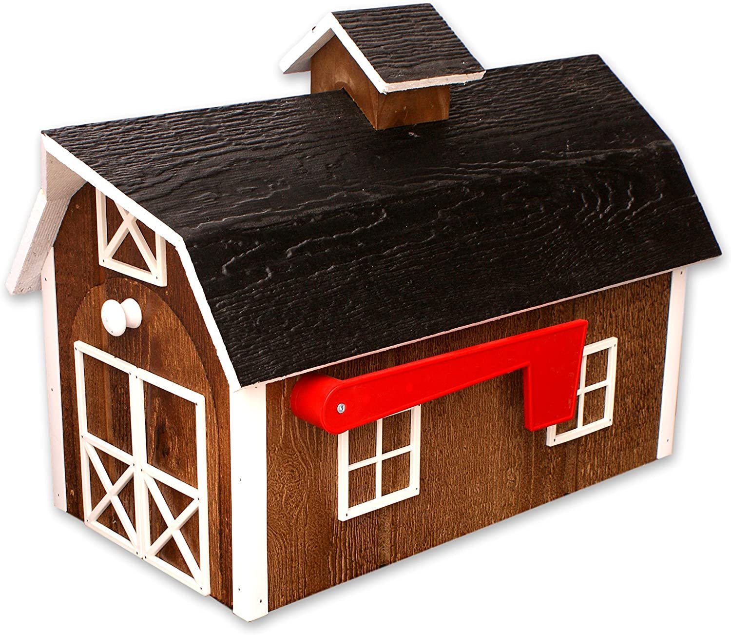 Amish-made wooden Dutch barn style mailbox mounted on a post, handcrafted in natural wood for home improvement.