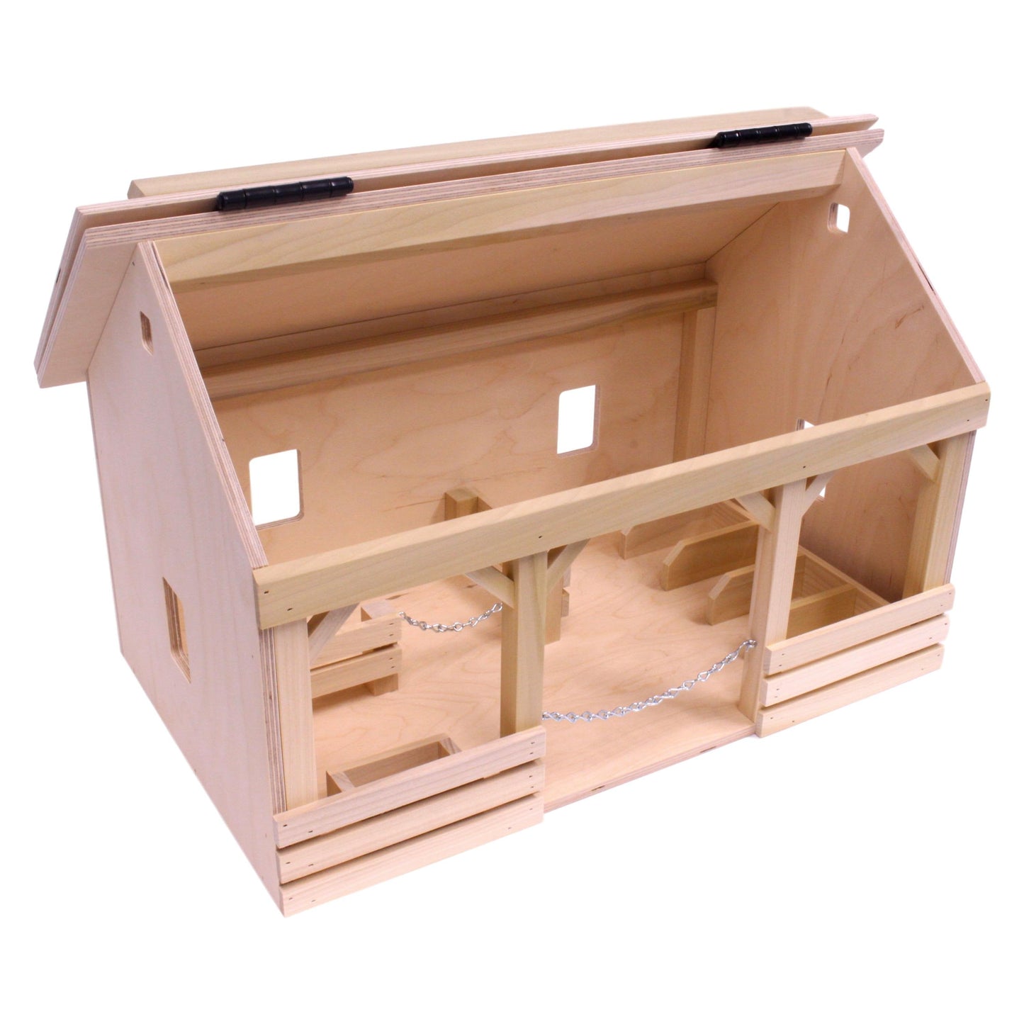 Large wooden A-frame barn toy with hay loft, realistic farm playset from AmishToyBox.com, featuring detailed farming scene and wooden construction.