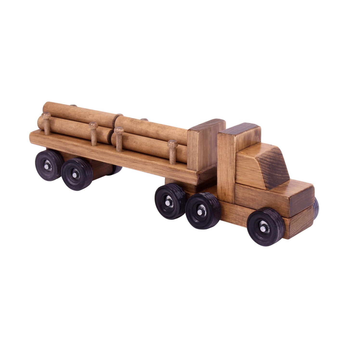 Amish-made wooden log semi-truck toy with removable logs, detailed wooden train and truck toy for children, handcrafted AmishToyBox.com.