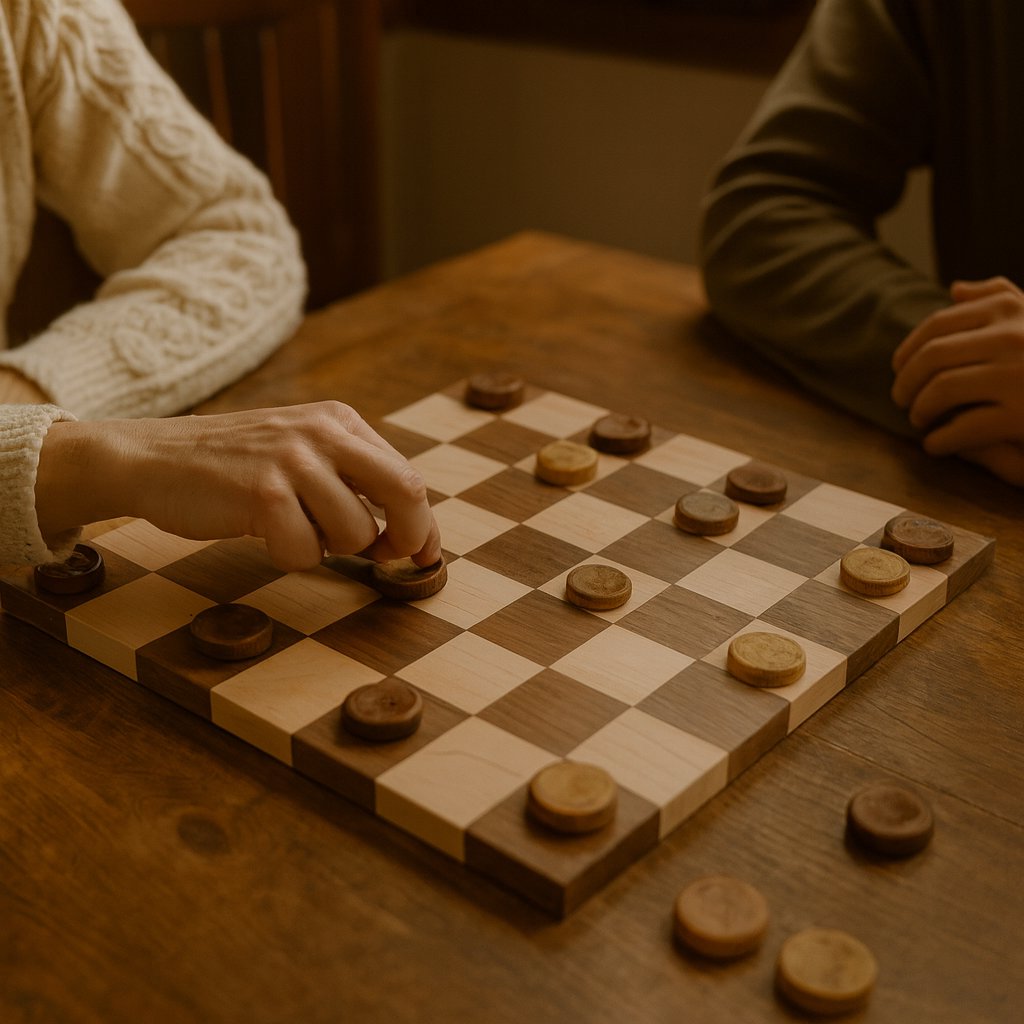 Maple and walnut hardwood 18-inch chess and checkers game board with natural wood finish, featuring alternating light and dark squares.
