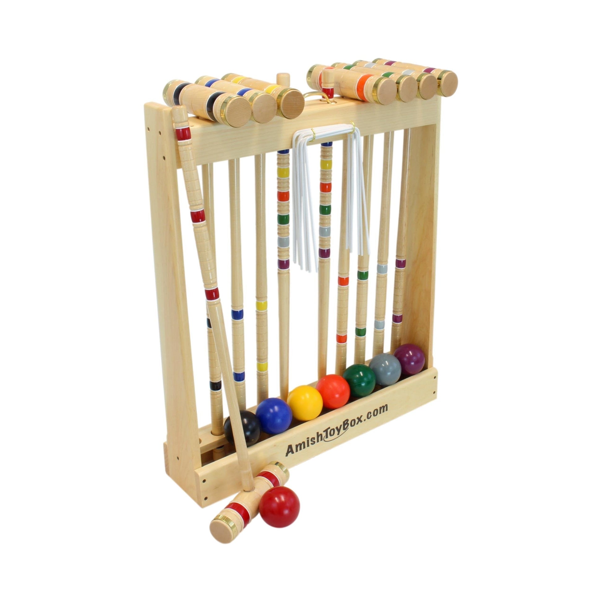 Deluxe 8-player wooden croquet game set with mallets, balls, and hoops in a sturdy wooden holder or carry bag for outdoor backyard fun.